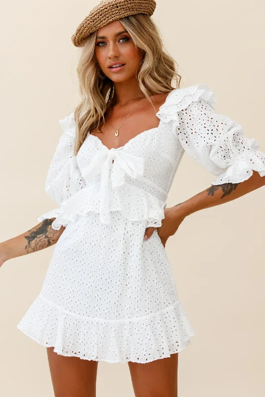 Mini dresses with one - shoulder designs Say That Again Bust Tie Ruffle Trim Dress White Mini dresses with one - shoulder designs Say That Again Bust Tie Ruffle Trim Dress White