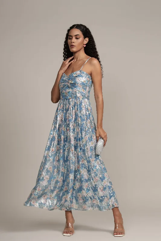 Pleated Casual Dresses for a Structured Look Nelex Metallic Printed Midi Dress in Blue Pleated Casual Dresses for a Structured Look Nelex Metallic Printed Midi Dress in Blue