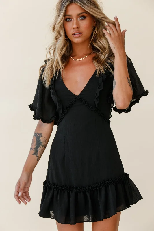 Mini dresses with pocket details for added functionality Halo V-Neckline Frill Detail Dress Black Mini dresses with pocket details for added functionality Halo V-Neckline Frill Detail Dress Black