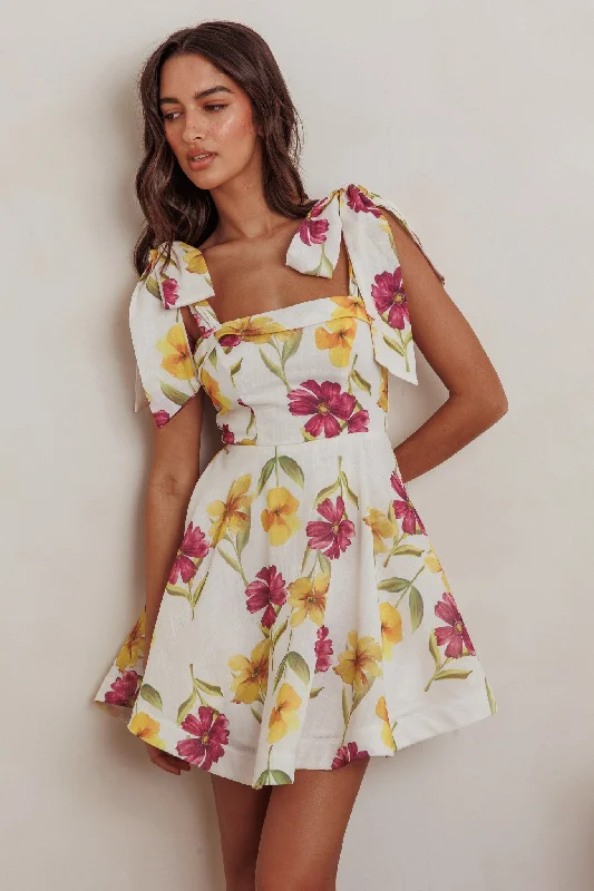 Faux Fur - Lined Casual Dresses for Winter Warmth Jeanie Tied Shoulder Mini Dress Flower Purple Faux Fur - Lined Casual Dresses for Winter Warmth Jeanie Tied Shoulder Mini Dress Flower Purple