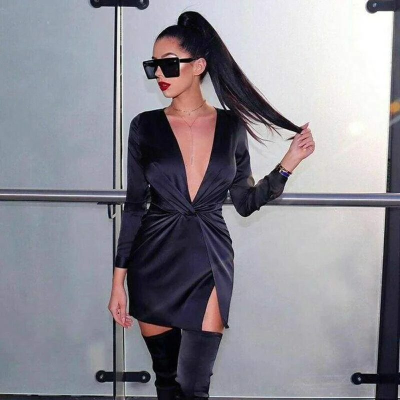 Ruffled mini dresses for a romantic touch FashionSierra - Women Autumn Long Sleeve Deep V Neck Satin Mini Dress Ladies Short Knot Wrap Split Party Club Dresses