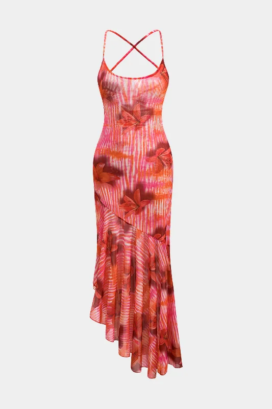 Pleated Casual Dresses for a Structured Look Floral Print Mesh Tie Back Backless Slip Midi Dress Pleated Casual Dresses for a Structured Look Floral Print Mesh Tie Back Backless Slip Midi Dress