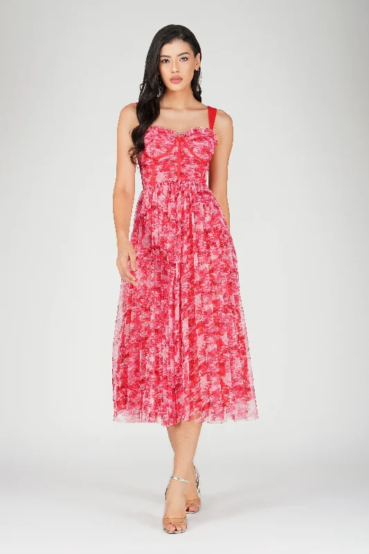 Button - Down Casual Dresses for a Classic Vibe​ Dane Red Printed Corset Midi Dress
