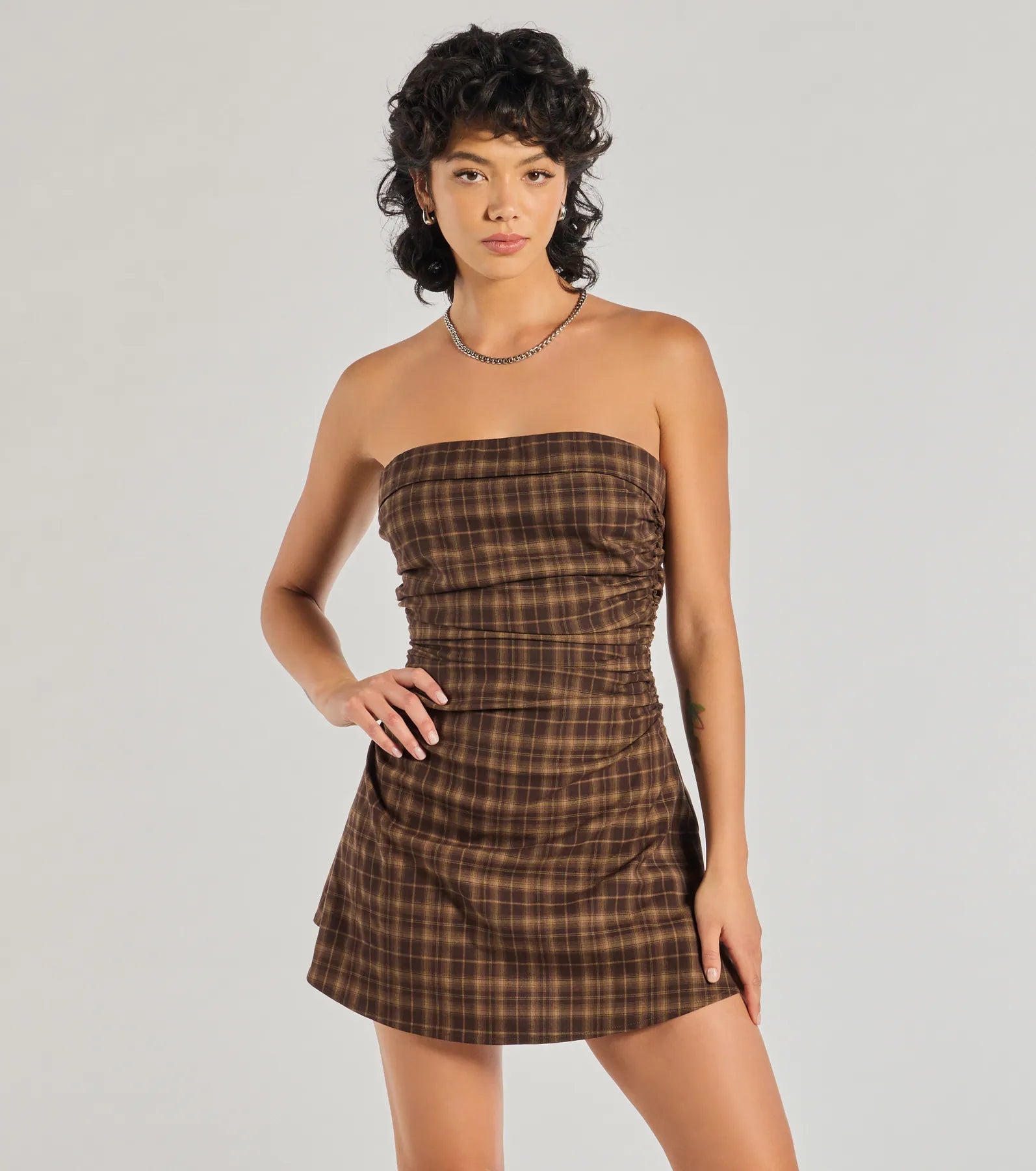 Linen Casual Dresses for Breathability Cute In Plaid Strapless Plaid A-Line Mini Dress Linen Casual Dresses for Breathability Cute In Plaid Strapless Plaid A-Line Mini Dress