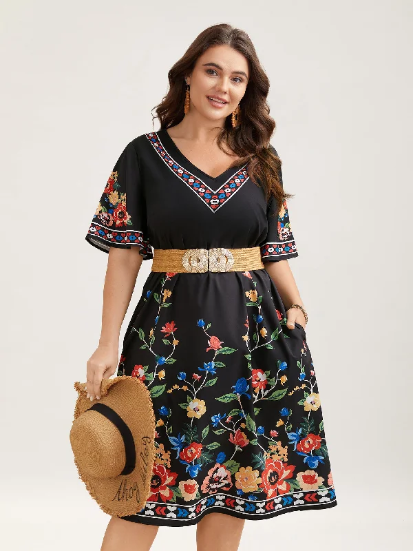 Abstract - Printed Casual Dresses for a Contemporary Vibe Boho Print V-Neck Flared Sleeve Midi Dress Abstract - Printed Casual Dresses for a Contemporary Vibe Boho Print V-Neck Flared Sleeve Midi Dress