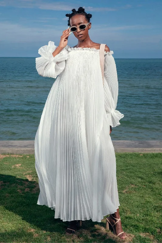 Summer - Appropriate Casual Dresses in Lightweight Materials Henriette Pleated Off-Shoulder Voile Floor Length Dress Summer - Appropriate Casual Dresses in Lightweight Materials Henriette Pleated Off-Shoulder Voile Floor Length Dress