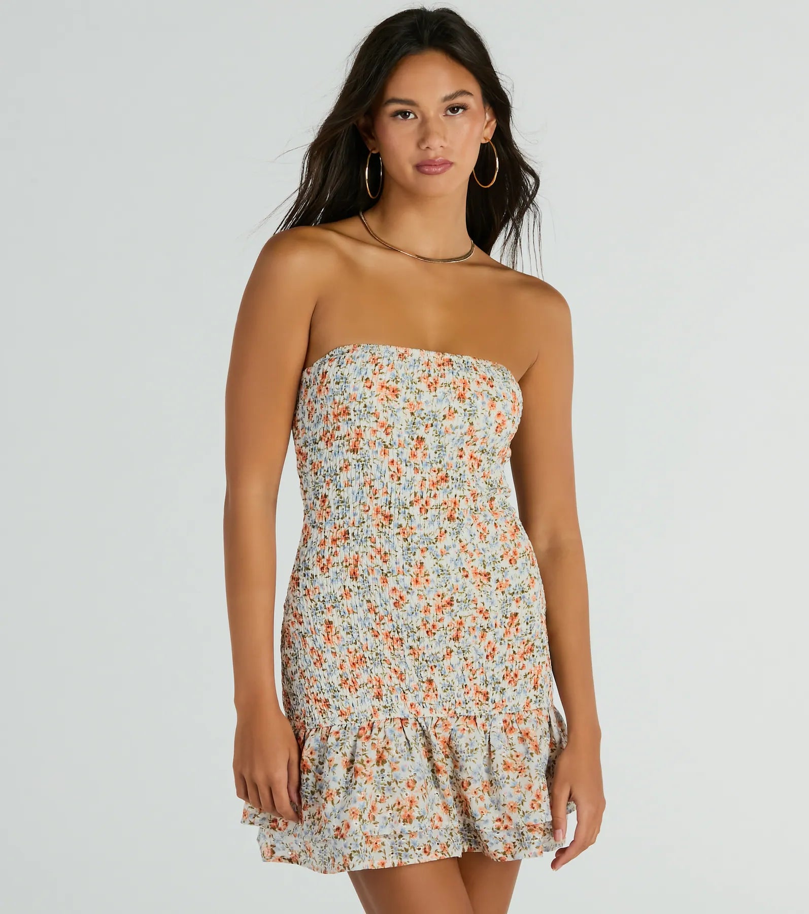 Sleeveless Casual Dresses for Warm Weather Speechless Strapless Floral Ruffle Mini Dress Sleeveless Casual Dresses for Warm Weather Speechless Strapless Floral Ruffle Mini Dress