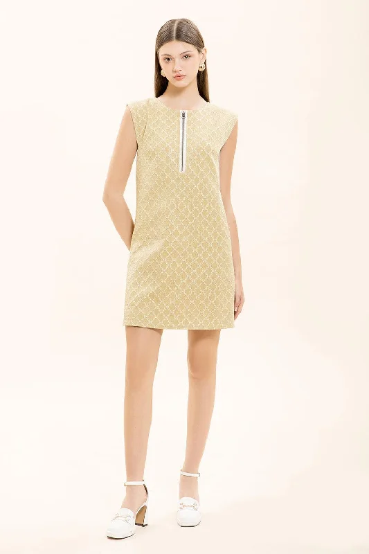 Neon - Colored Casual Dresses for a Trendy Look Winifred Straight Round Neck Brocade Mini Dress Neon - Colored Casual Dresses for a Trendy Look Winifred Straight Round Neck Brocade Mini Dress