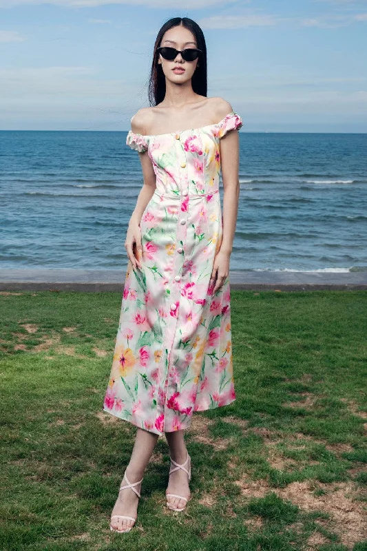 Quick - Dry Casual Dresses for Travel and Outdoor Use Elena A-line Off-Shoulder Silk Satin Midi Dress Quick - Dry Casual Dresses for Travel and Outdoor Use Elena A-line Off-Shoulder Silk Satin Midi Dress