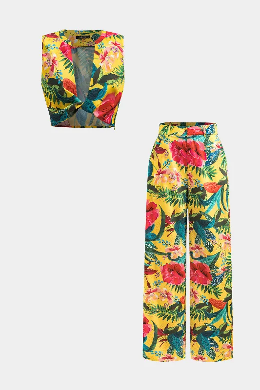 Mini Casual Dresses with Ruffled Hem Floral Leaves Print Ruched Twist Knot Tank Top And Pocket Wide Leg Trousers Set Mini Casual Dresses with Ruffled Hem Floral Leaves Print Ruched Twist Knot Tank Top And Pocket Wide Leg Trousers Set