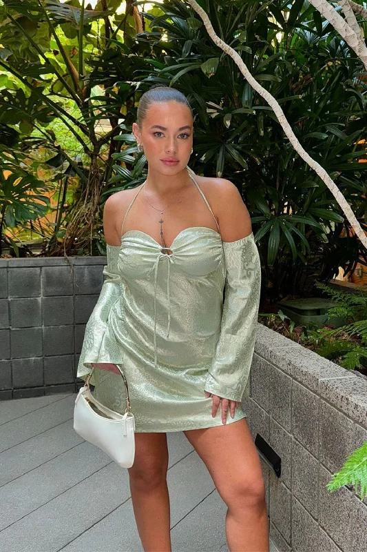 Drawstring - Waist Casual Dresses for Adjustable Tightness Pearlina Sage Printed Satin Mini Dress Drawstring - Waist Casual Dresses for Adjustable Tightness Pearlina Sage Printed Satin Mini Dress