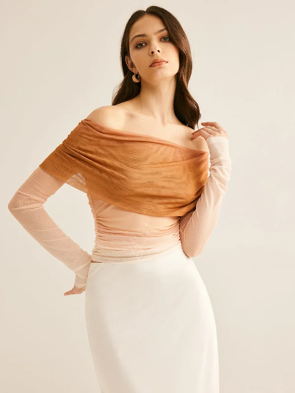 Custom - Made Casual Dresses for a Personalized Fit Semi-Sheer Off-Shoulder Mesh Gradient Blouse Custom - Made Casual Dresses for a Personalized Fit Semi-Sheer Off-Shoulder Mesh Gradient Blouse