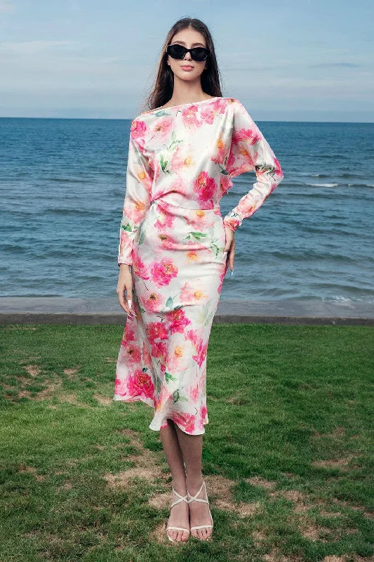 Crochet Casual Dresses for a Handmade Appeal Estelle Blouson Boat Neck Silk Satin Midi Dress Crochet Casual Dresses for a Handmade Appeal Estelle Blouson Boat Neck Silk Satin Midi Dress