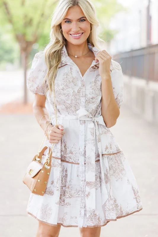 Long - Sleeve Casual Dresses in Lightweight Fabrics Natural Beauty Latte Brown Toile Dress Long - Sleeve Casual Dresses in Lightweight Fabrics Natural Beauty Latte Brown Toile Dress