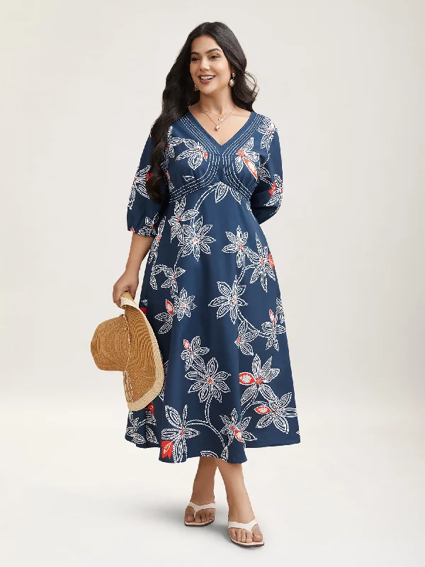 Tie - Dye Casual Dresses for a Retro Style Boho Floral Arc Neck Waist-Cinched Dress Tie - Dye Casual Dresses for a Retro Style Boho Floral Arc Neck Waist-Cinched Dress