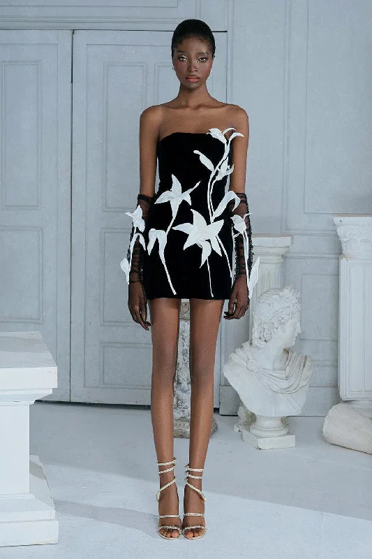 Two - Piece Casual Dresses for a Modular Look Tulip Flower A-line Straight Across Neck Velvet Mini Dress Two - Piece Casual Dresses for a Modular Look Tulip Flower A-line Straight Across Neck Velvet Mini Dress