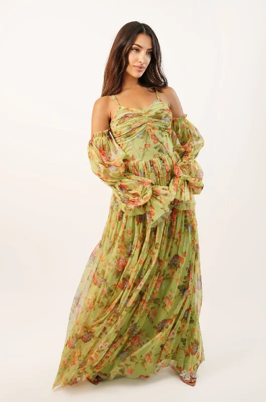 Drawstring - Waist Casual Dresses for Adjustable Tightness Saylor Green Printed Maxi Dress Drawstring - Waist Casual Dresses for Adjustable Tightness Saylor Green Printed Maxi Dress