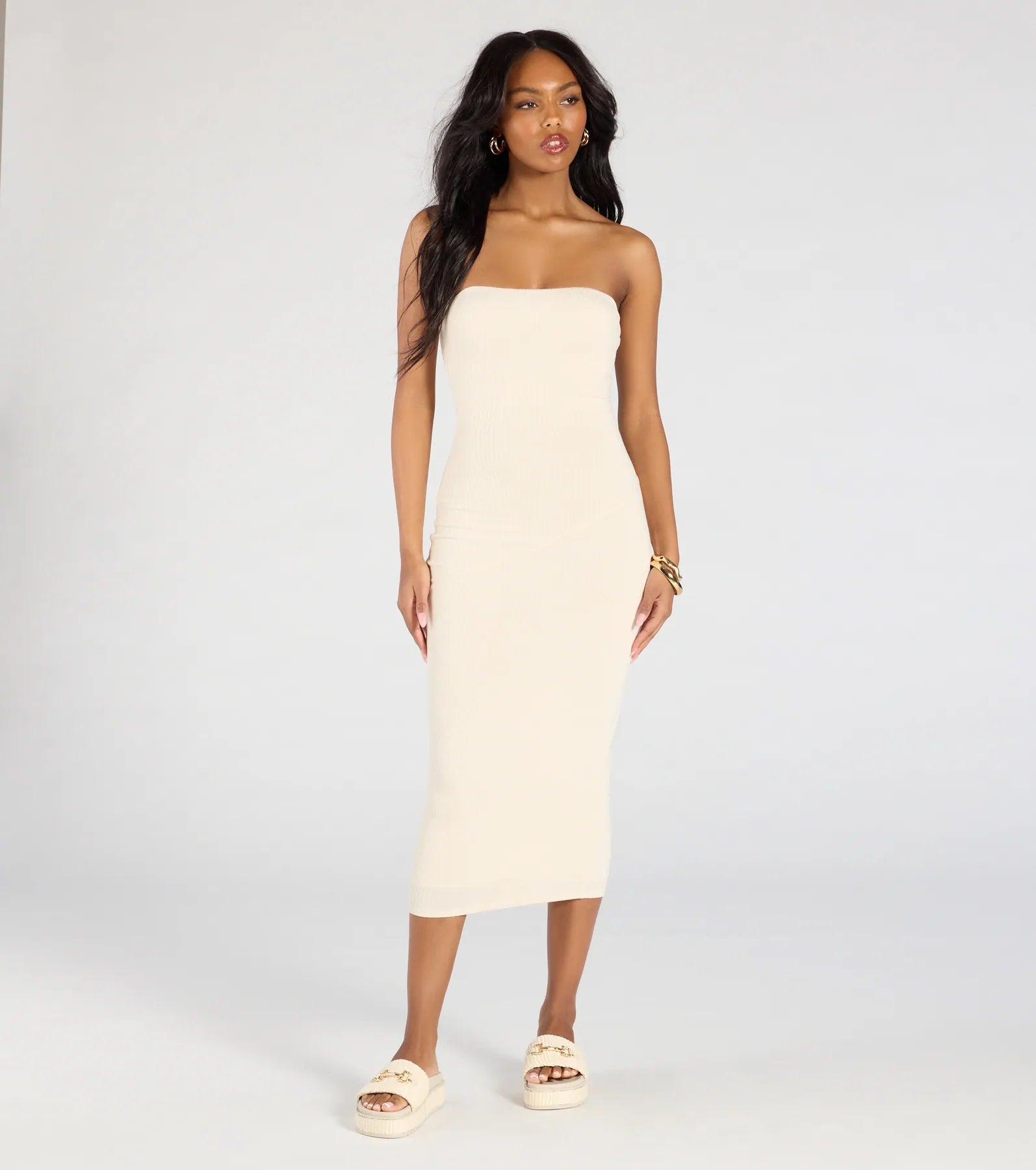 Quick - Dry Casual Dresses for Travel and Outdoor Use Simply Chic Strapless Ribbed Knit Midi Dress Quick - Dry Casual Dresses for Travel and Outdoor Use Simply Chic Strapless Ribbed Knit Midi Dress