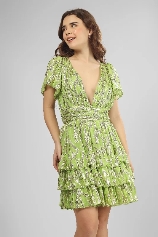 Lace - Trimmed Casual Dresses for a Delicate Touch Madison Green Metallic Printed Mini Dress Lace - Trimmed Casual Dresses for a Delicate Touch Madison Green Metallic Printed Mini Dress