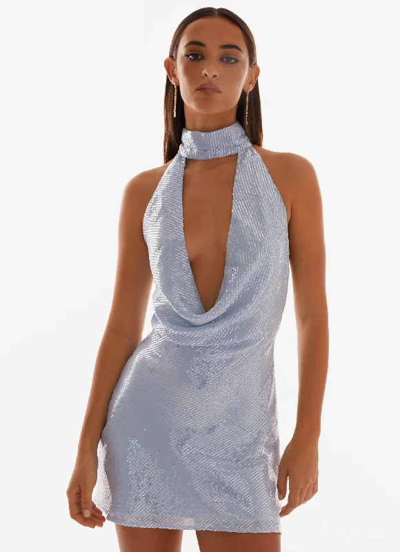 Belted Casual Dresses to Define the Waist​ Nora Sequin Cowl Neck Mini Dress - Blue