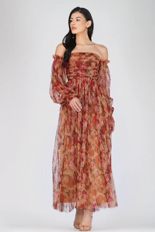 Floral Printed Casual Dresses for Summer​ Lana Brown Floral Tulle Dress