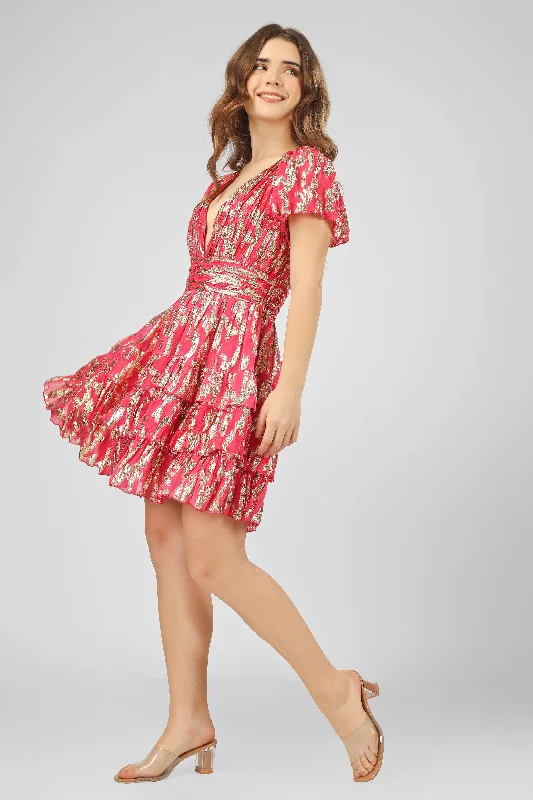 Mini Casual Dresses with Ruffled Hem Madison Bright Pink Metallic Printed Mini Dress Mini Casual Dresses with Ruffled Hem Madison Bright Pink Metallic Printed Mini Dress