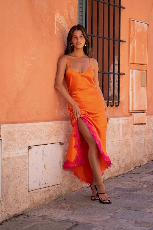 Button - Down Casual Dresses for a Classic Vibe​ Gigi Orange Satin Maxi Dress