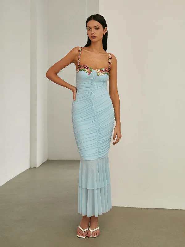 Summer - Appropriate Casual Dresses in Lightweight Materials Paradise Flower Trim Pleated Mermaid Long Dress Summer - Appropriate Casual Dresses in Lightweight Materials Paradise Flower Trim Pleated Mermaid Long Dress