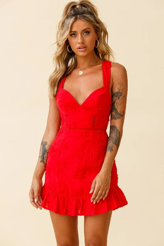 Mini dresses with side slits for a sexy appeal Charity Criss-Cross Back Floral Embroidered Dress Red Mini dresses with side slits for a sexy appeal Charity Criss-Cross Back Floral Embroidered Dress Red