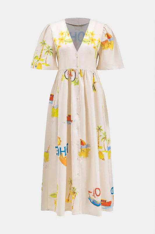 Wrap - Style Casual Dresses for Easy Wear Coconut Palm Letter Print Button V-Neck Short Sleeve Maxi Dress Wrap - Style Casual Dresses for Easy Wear Coconut Palm Letter Print Button V-Neck Short Sleeve Maxi Dress
