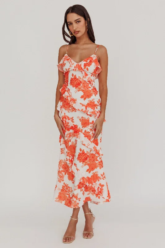 Denim - Patchwork Casual Dresses for a Unique Design Silvana Frill Trim Maxi Dress Floral Orange Denim - Patchwork Casual Dresses for a Unique Design Silvana Frill Trim Maxi Dress Floral Orange