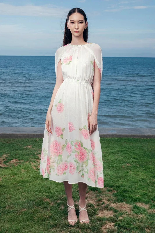 Upcycled Casual Dresses for an Eco - Conscious Choice Elisabetta A-line Cape Sleeved Organza Voile Midi Dress Upcycled Casual Dresses for an Eco - Conscious Choice Elisabetta A-line Cape Sleeved Organza Voile Midi Dress