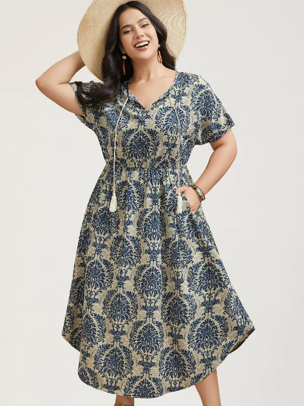 Custom - Made Casual Dresses for a Personalized Fit Ornate Print Curvy Hem Tied Maxi Dress Custom - Made Casual Dresses for a Personalized Fit Ornate Print Curvy Hem Tied Maxi Dress