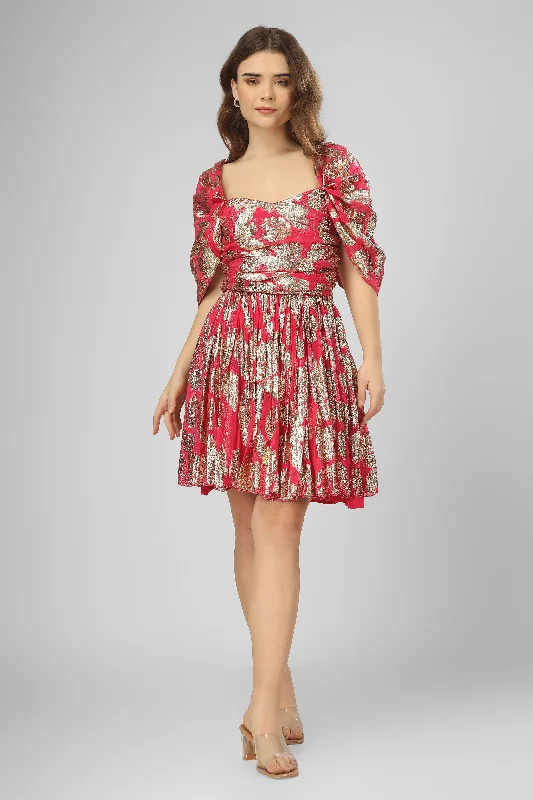 Drawstring - Waist Casual Dresses for Adjustable Tightness Sydney Metallic Printed Mini Dress in Fuchsia Drawstring - Waist Casual Dresses for Adjustable Tightness Sydney Metallic Printed Mini Dress in Fuchsia