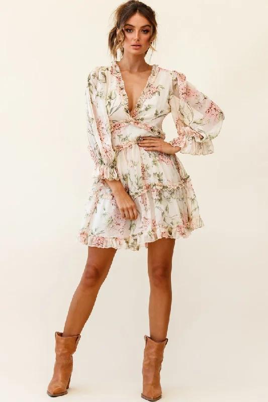 Ruffled mini dresses for a romantic touch Laney Cutout Back Ruffle Trim Dress Hydrangea Print Nude Ruffled mini dresses for a romantic touch Laney Cutout Back Ruffle Trim Dress Hydrangea Print Nude