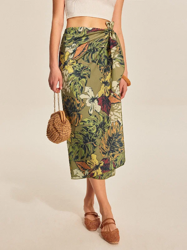 Modal Casual Dresses in Smooth Textures​ Tie Detail Floral Print Wrap Skirt