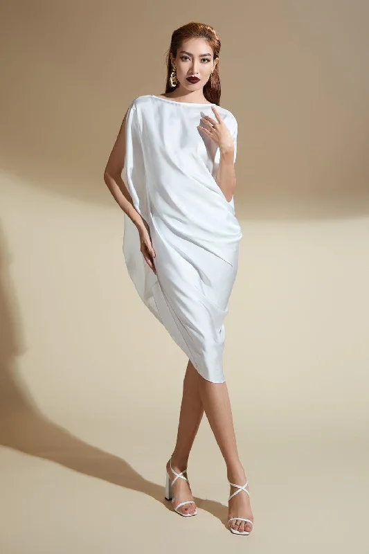 Boho Style Casual Dresses with Fringe Details Mary Asymmetric Diagonal Neck Silk Satin Midi Dress Boho Style Casual Dresses with Fringe Details Mary Asymmetric Diagonal Neck Silk Satin Midi Dress