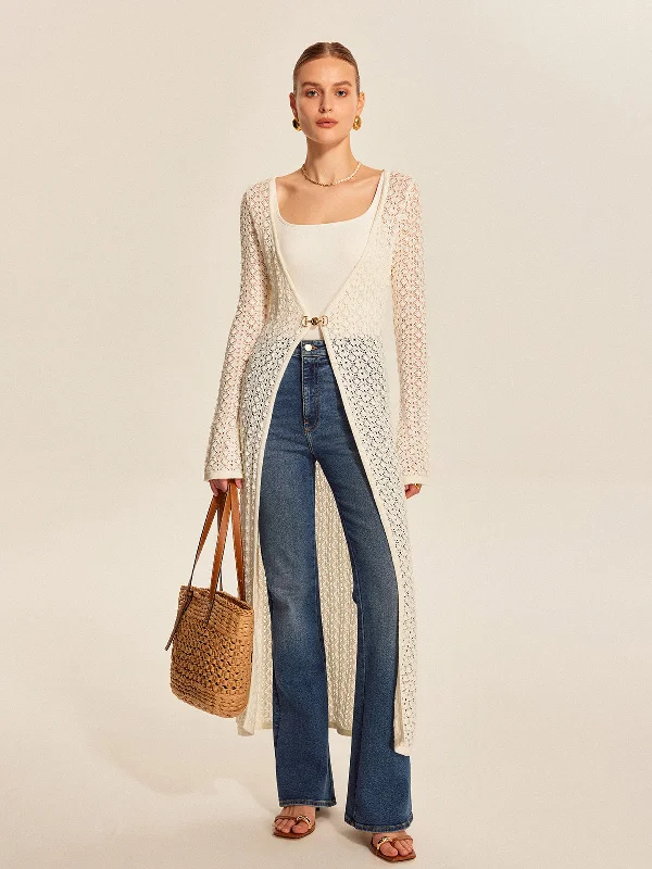 Fall - Style Casual Dresses with Earthy Tones​ Lace Knit Metal Detail Cardigan