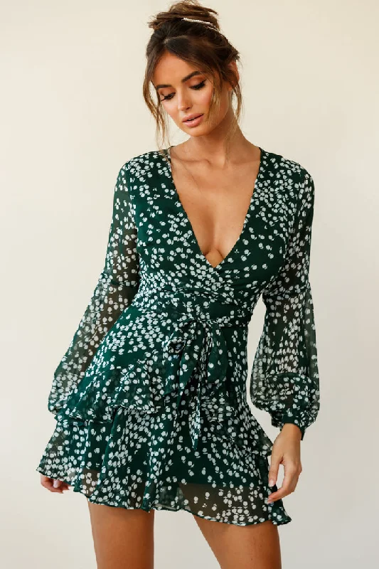 Mini dresses with one - shoulder designs Kerry Layered Balloon Sleeve Dress Flower Print Forest Green Mini dresses with one - shoulder designs Kerry Layered Balloon Sleeve Dress Flower Print Forest Green