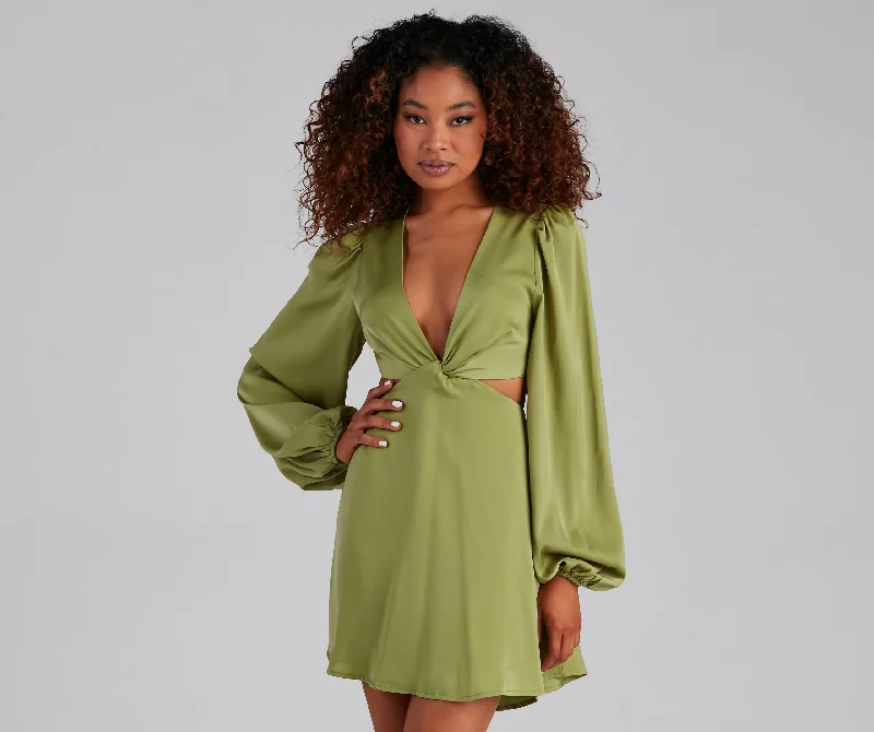 Mini dresses with empire waists for a flattering fit So Luxe Satin A-Line Cutout Mini Dress Mini dresses with empire waists for a flattering fit So Luxe Satin A-Line Cutout Mini Dress
