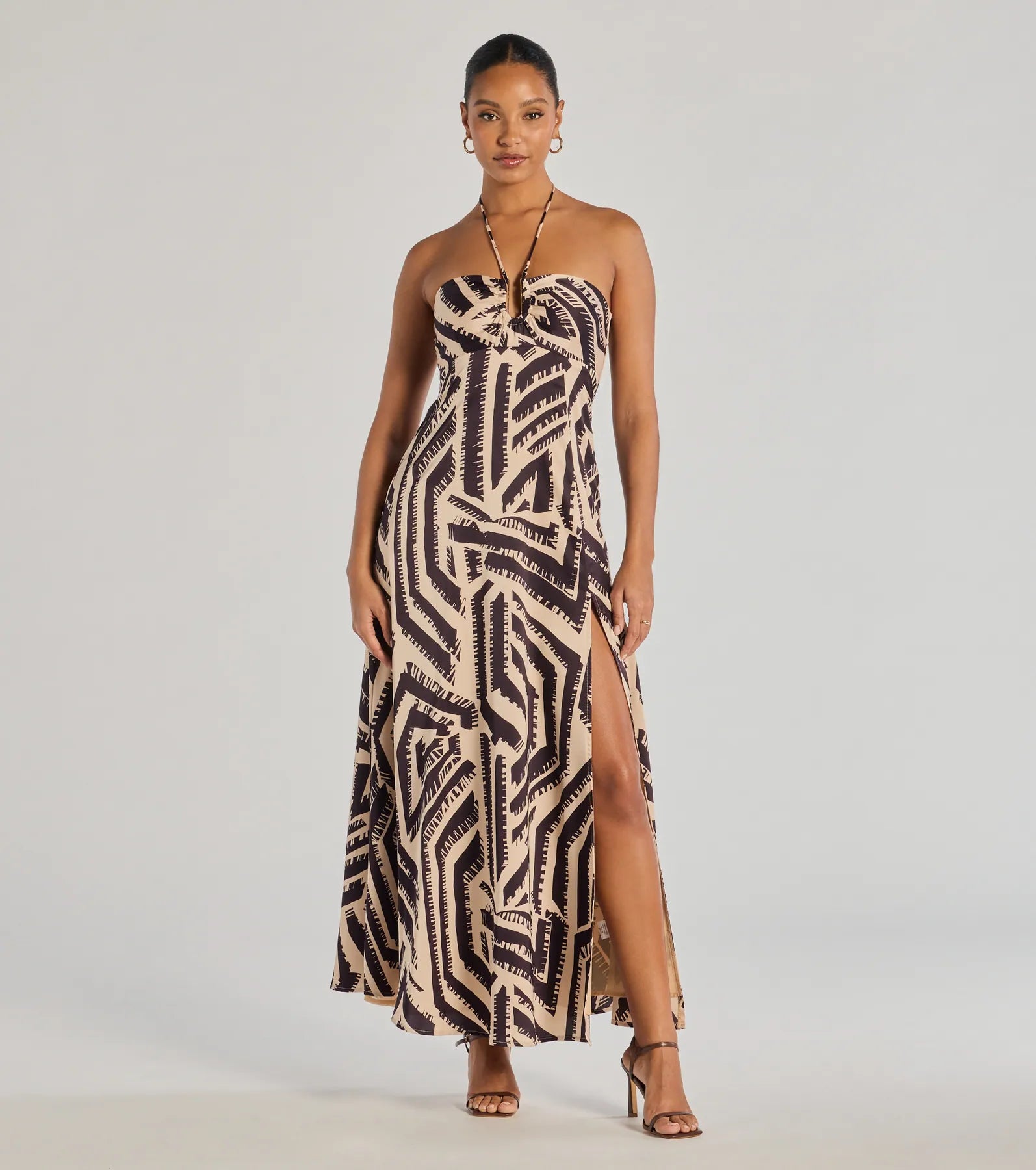Striped Casual Dresses in Cotton Blend​ Chic Breezes Halter Boho Satin Maxi Dress