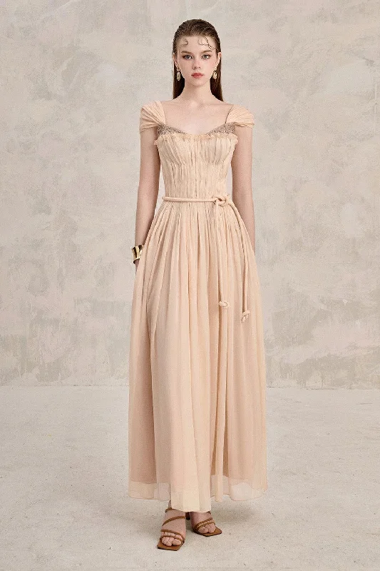 Metallic - Accented Casual Dresses for a Shiny Finish Dilana A-line Pleated Chest Chiffon Ankle Length Dress Metallic - Accented Casual Dresses for a Shiny Finish Dilana A-line Pleated Chest Chiffon Ankle Length Dress