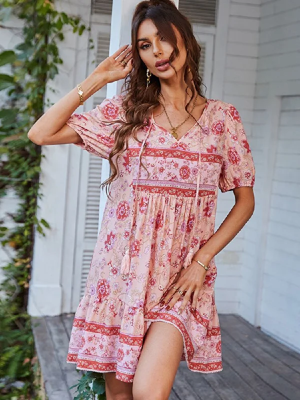 Mini dresses with gathered skirts for a voluminous effect FashionSierra - Boho Floral Print High Waist Ruffles Sleeve Mini Dress Mini dresses with gathered skirts for a voluminous effect FashionSierra - Boho Floral Print High Waist Ruffles Sleeve Mini Dress