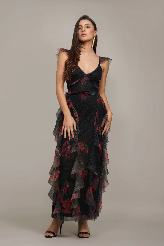 Upcycled Casual Dresses for an Eco - Conscious Choice Malin Maxi Dress in Black and Red Floral Upcycled Casual Dresses for an Eco - Conscious Choice Malin Maxi Dress in Black and Red Floral