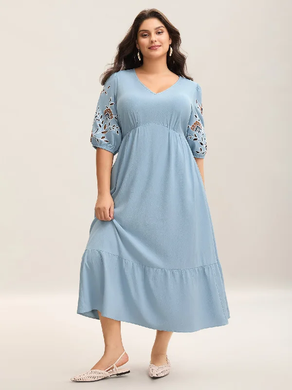 Organic Cotton Casual Dresses for a Natural Choice Cut-Out Embroidery Stretchy Waist Midi Dress Organic Cotton Casual Dresses for a Natural Choice Cut-Out Embroidery Stretchy Waist Midi Dress