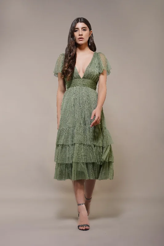 Faux Fur - Lined Casual Dresses for Winter Warmth Madison Soft Olive Tulle Bridesmaid Midi Dress Faux Fur - Lined Casual Dresses for Winter Warmth Madison Soft Olive Tulle Bridesmaid Midi Dress