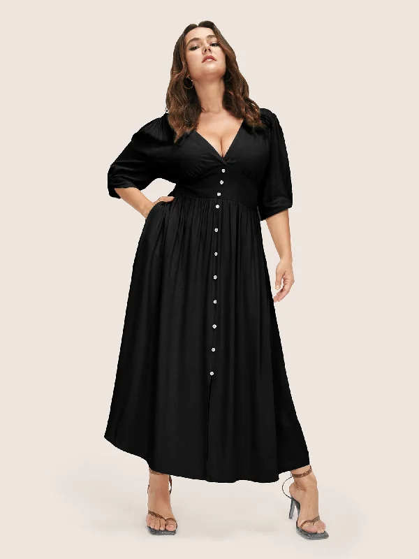 Off - Shoulder Casual Dresses for a Feminine Touch Plunging Neck Button Detail Pocket Maxi Dress Off - Shoulder Casual Dresses for a Feminine Touch Plunging Neck Button Detail Pocket Maxi Dress