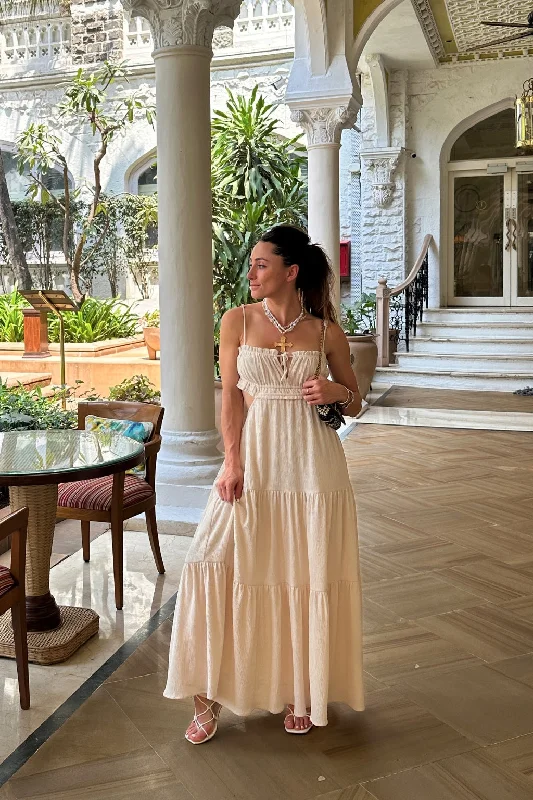 Off - Shoulder Casual Dresses for a Feminine Touch​ Paola Beige Boho Maxi Dress