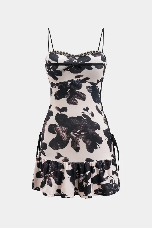Satin Casual Dresses with a Shiny Finish Floral Print Lace Bow Ruched Slip Mini Dress Satin Casual Dresses with a Shiny Finish Floral Print Lace Bow Ruched Slip Mini Dress