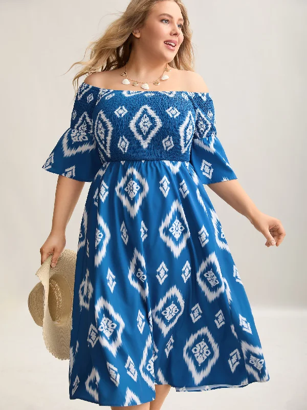 Fall - Style Casual Dresses with Earthy Tones Bandana Print Off-Shoulder Pockets Midi Dress Fall - Style Casual Dresses with Earthy Tones Bandana Print Off-Shoulder Pockets Midi Dress